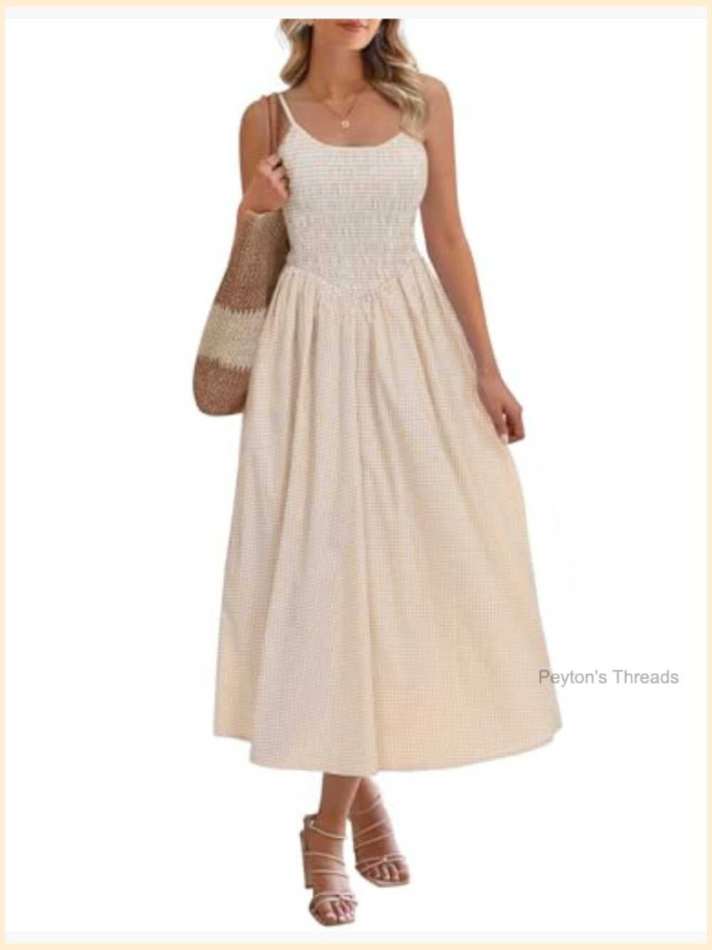 Women's Midi Dress - Sleeveless Spaghetti Strap Smocked Tiered Beach Sundress - Picture 6 of 7